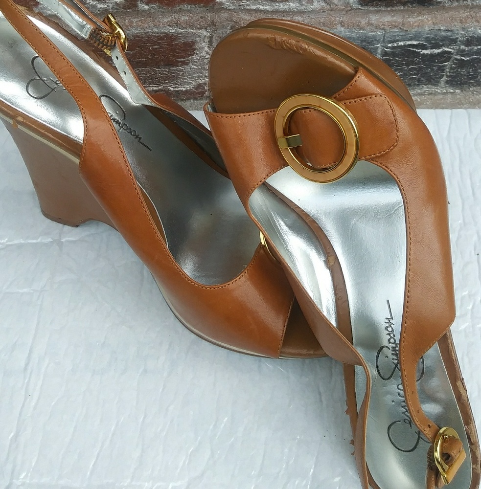Jessica Simpson leather carmel sling bck wedge sz6